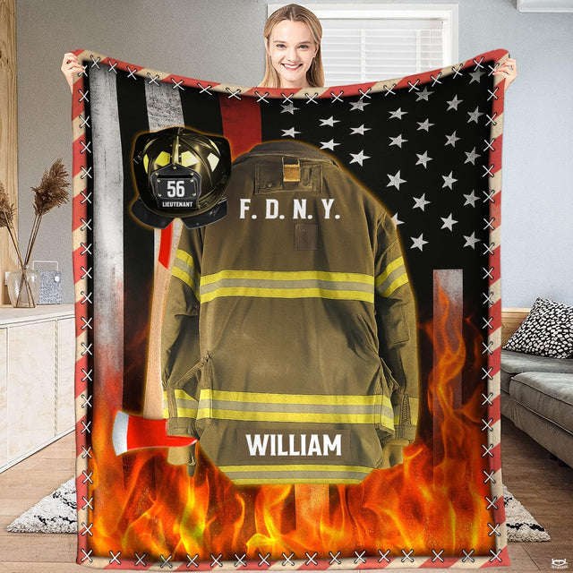 Firefighter tribute bedding set showcasing turnout coat design, reflective neon bands, and axe emblem on a bed.