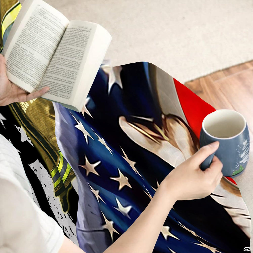 Firefighter tribute bedding aesthetic styled in a modern bedroom setting.