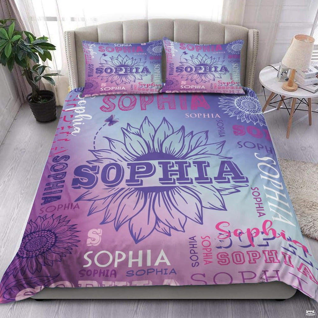 Amethyst lavender unicorn floral galaxy bedding set displayed neatly on a bed in an enchanted bedroom