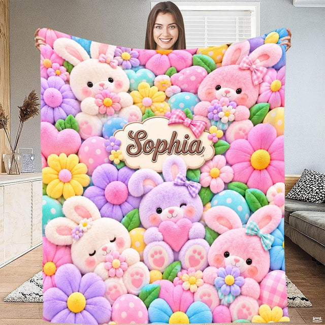 Woman holding open pastel Easter bunnies and flowers throw blanket in bright room
