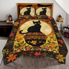 Folk art black cat bedding thematic accent featuring a yellow-eyed feline on a patterned vessel beneath a harvest moon.