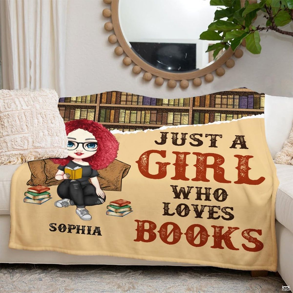 Cozy bedroom scene displaying curly reader girl throw blanket layered over furniture.