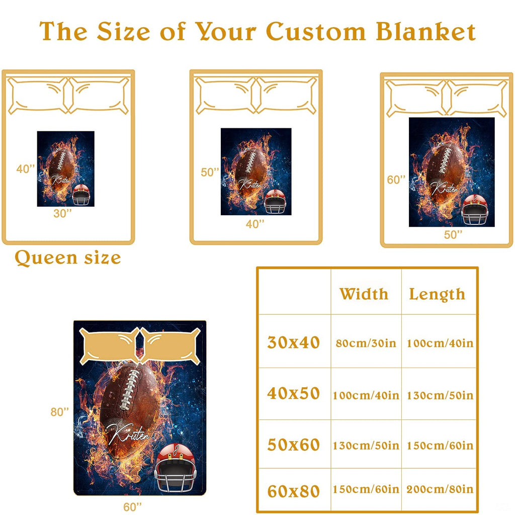 Bed layout sizing guide demonstrating coverage options for the flaming football throw blanket