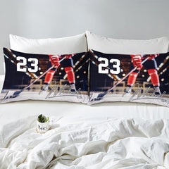 Side angle view of athletic winter sports bedding showing rust mahogany and copper brown tones on mattress