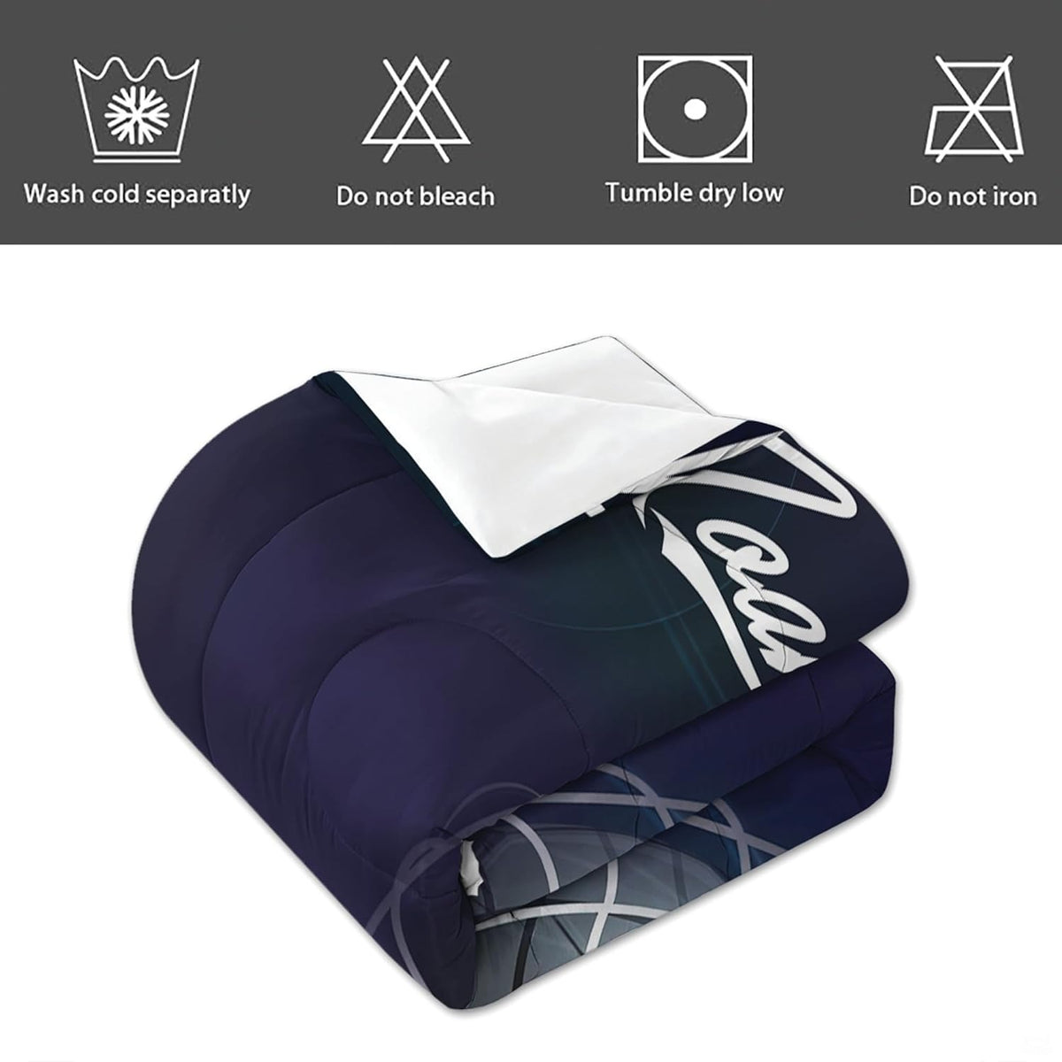 Angled perspective of midnight soccer bedding showing athletic white script typography