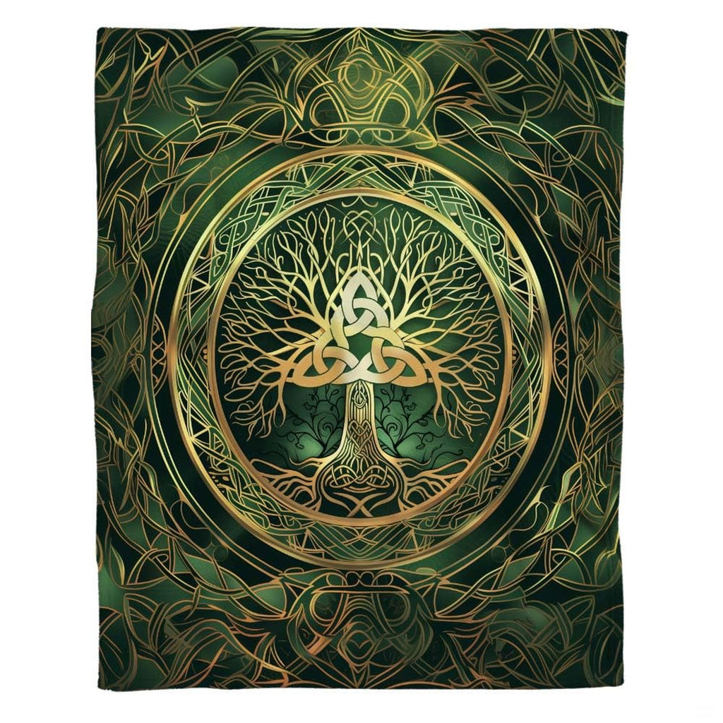 Celtic Tree of Life with golden Trinity knot medallion on emerald green knotwork, view 2.