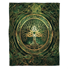 Celtic Tree of Life with golden Trinity knot medallion on emerald green knotwork, view 2.