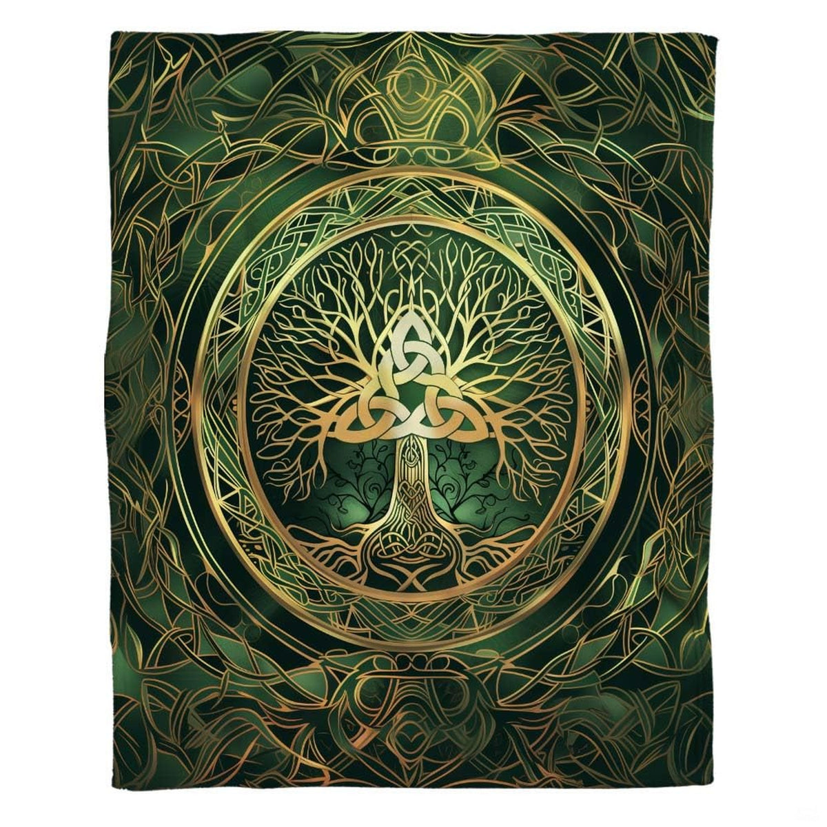 Celtic Tree of Life with golden Trinity knot medallion on emerald green knotwork, view 2.