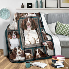 Grey couch arrangement featuring the English Springer Spaniel blanket draped beside patterned pillows.