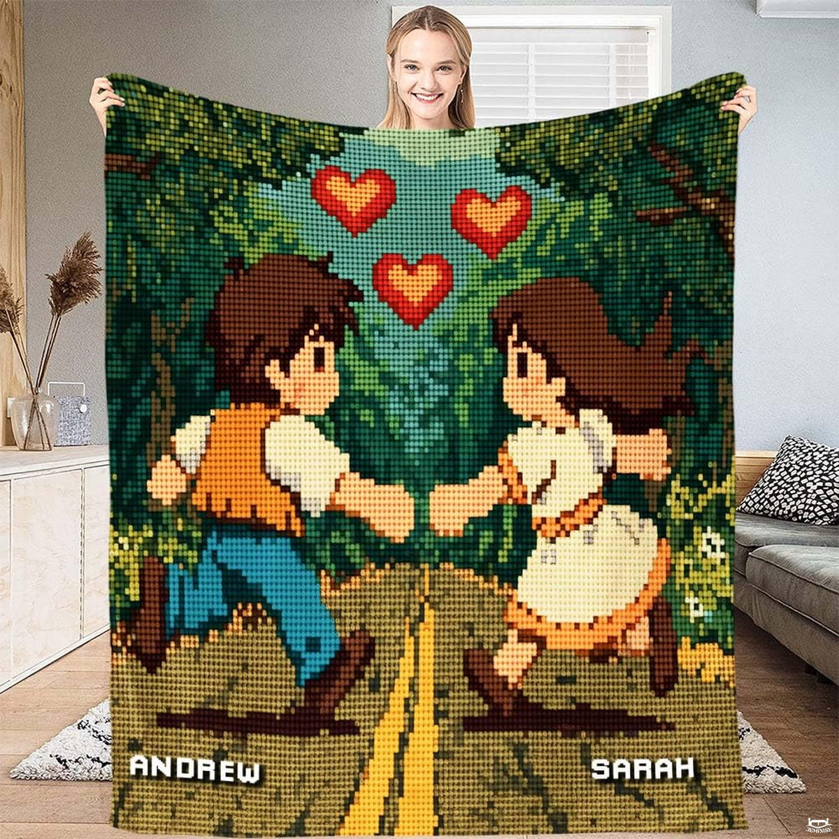 Pixel art romantic forest throw blanket featuring 8-bit characters holding hands under glowing hearts