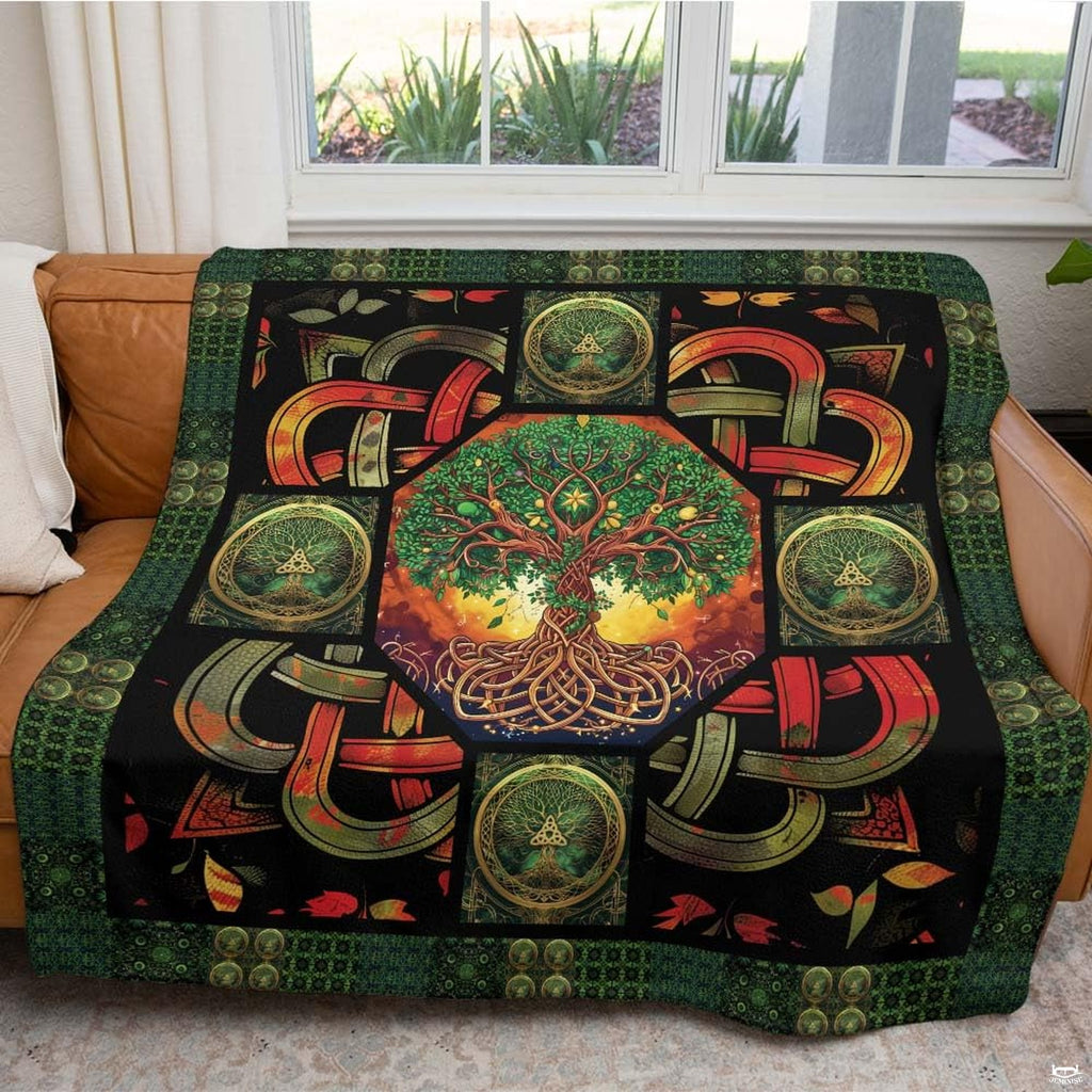 Vibrant tree of life artwork accentuating bedroom decor with rich earthy tones.