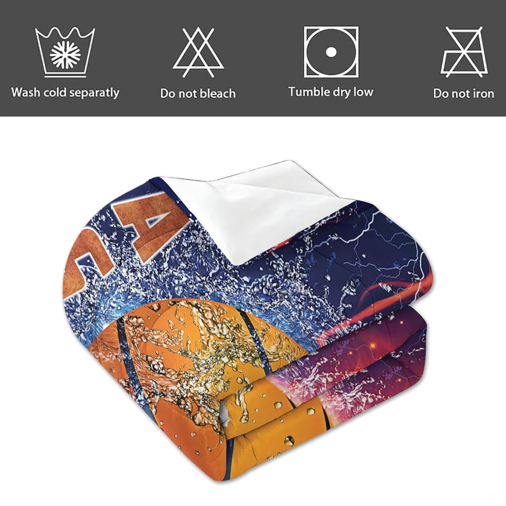 Side angle view of athletic bedroom scene decorated with thematic accent split art bedding set.