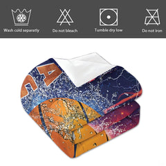 Side angle view of athletic bedroom scene decorated with thematic accent split art bedding set.