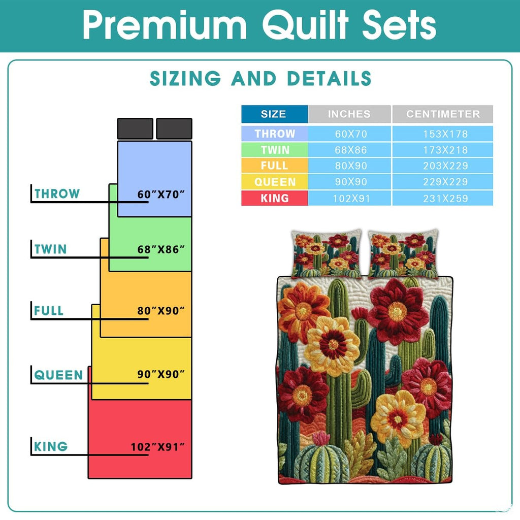 Personalized Vibrant Cactus Flower Quilt Set, Machine Washable