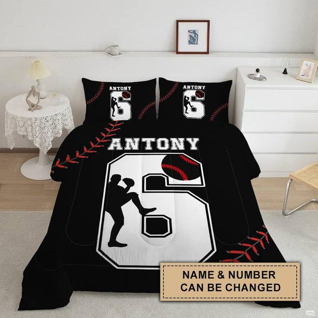 Close-up view of baseball bedding detailing bold collegiate number outline, pitcher silhouette, and red ball graphics