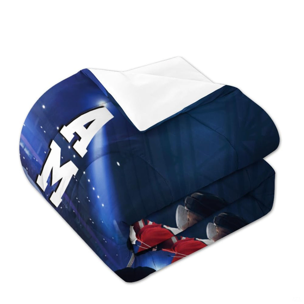 Matching pillowcase detail for hockey bedding set showing coordinating sticks, pucks, and goalie helmet art