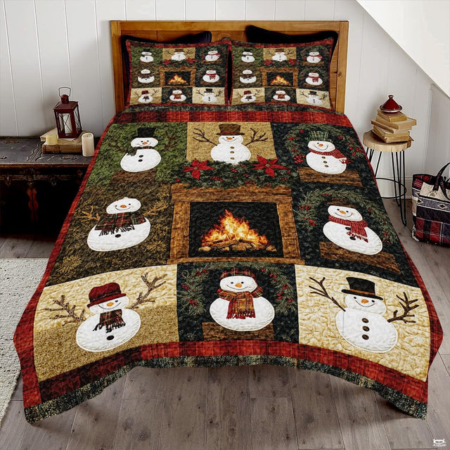 Golden star snowman holiday winter bedding set displayed on a bed in a festive holiday bedroom
