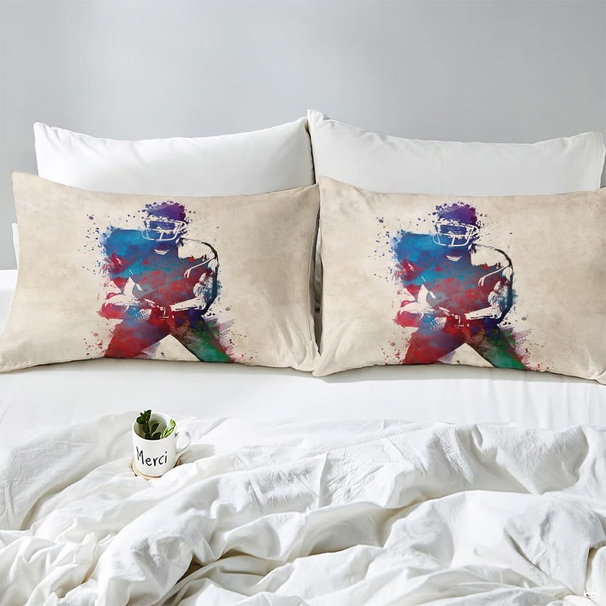 Matching pillowcase detail for athletic bedding set showcasing footballer artwork and jersey numbering