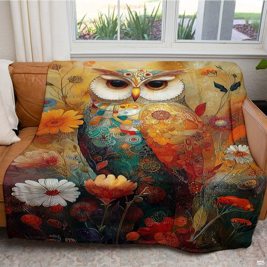 Overhead flat view showcasing the full bohemian owl and wildflower garden design on a throw blanket
