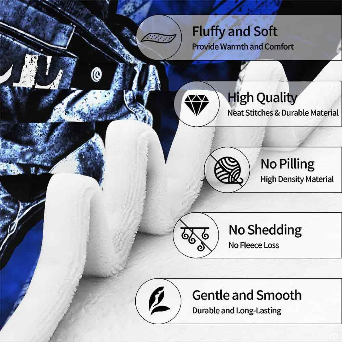 Overhead view of thematic accent officer guardian artwork across deep royal blue stripes.