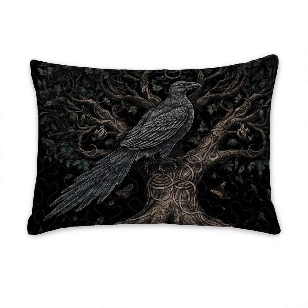 Gothic raven bedding styled in a moody bedroom with dark walls and ambient lighting.