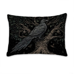 Gothic raven bedding styled in a moody bedroom with dark walls and ambient lighting.
