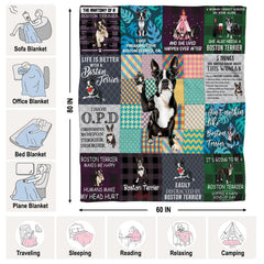 Boston Terrier dog throw blanket view 8 highlighting playful puppy illustrations and colorful pattern panels