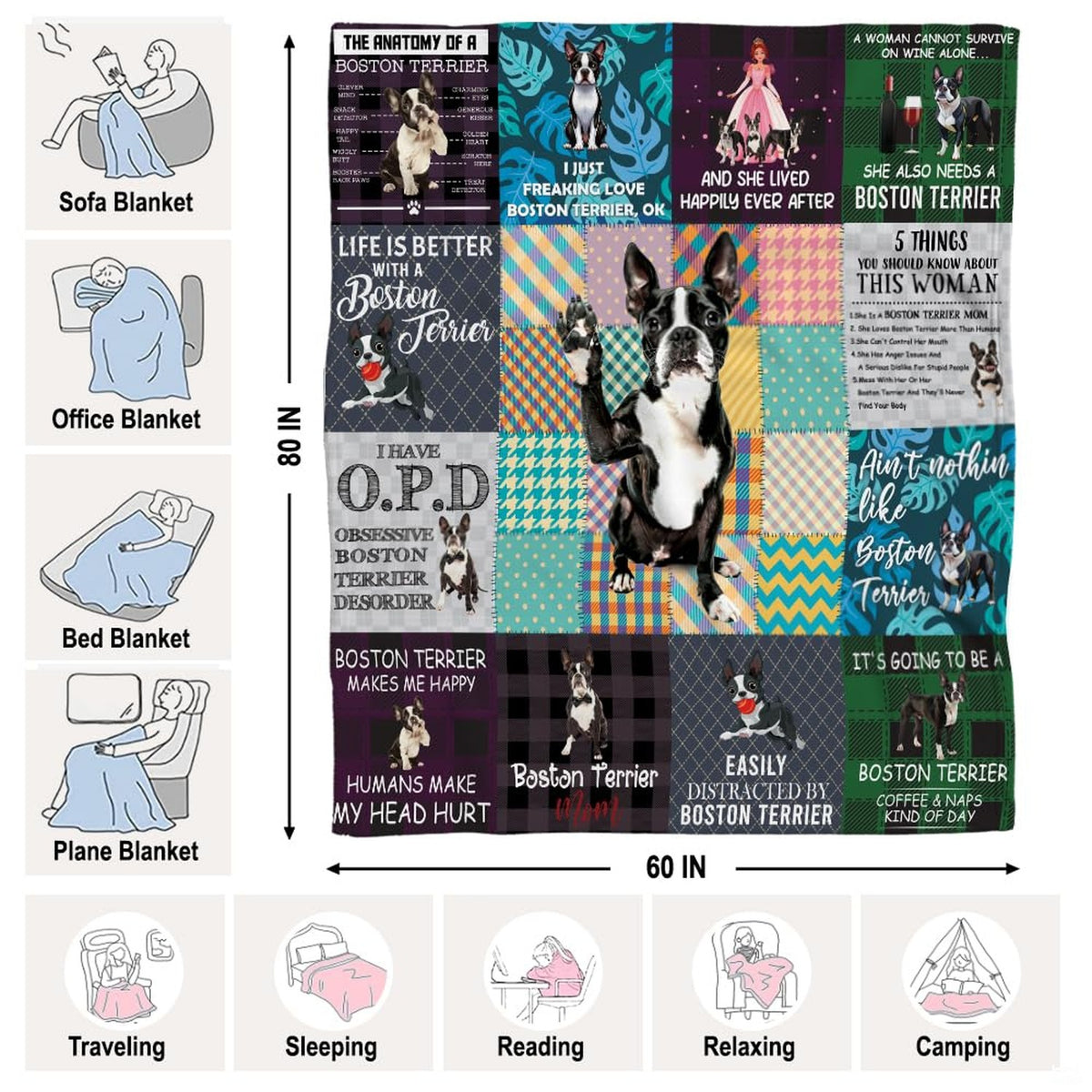 Boston Terrier dog throw blanket view 8 highlighting playful puppy illustrations and colorful pattern panels