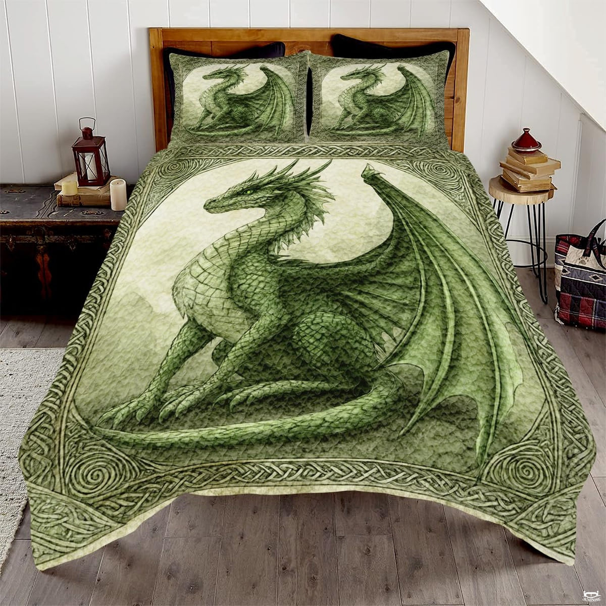 Emerald moss Celtic dragon fantasy bedding set displayed on a bed in a mythic bedroom
