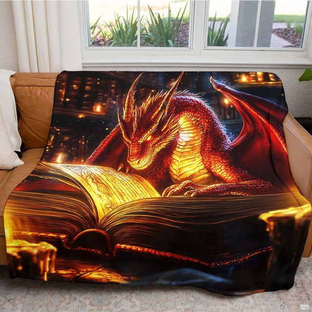 Glowing fire dragon reading arcane tome blanket draped across a living room sofa.