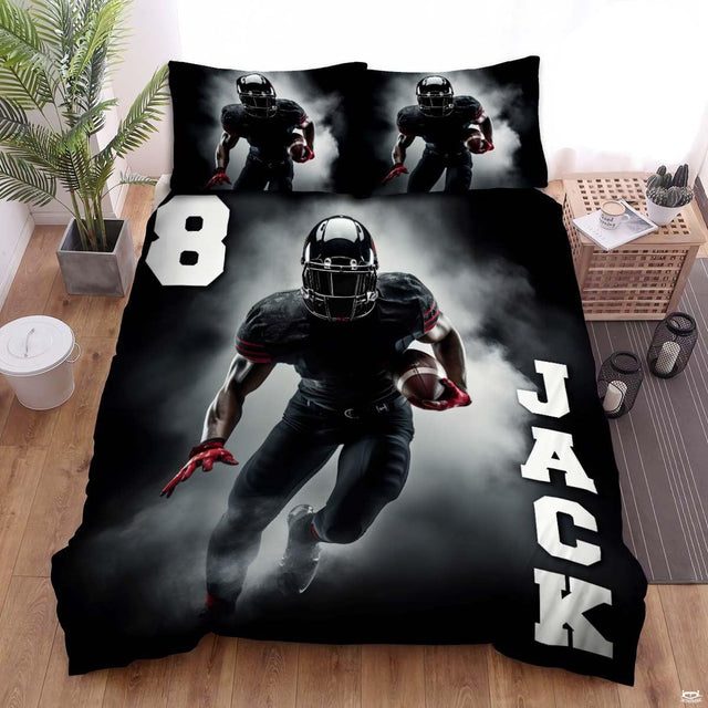 Football bedding displaying sprinting football player charging with ball through billowing stadium smoke