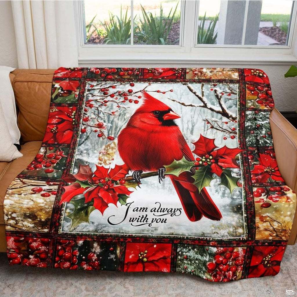 Detailed botanical artwork highlighting bright holly berries, pine needles, and crisp snow accents on bedding.