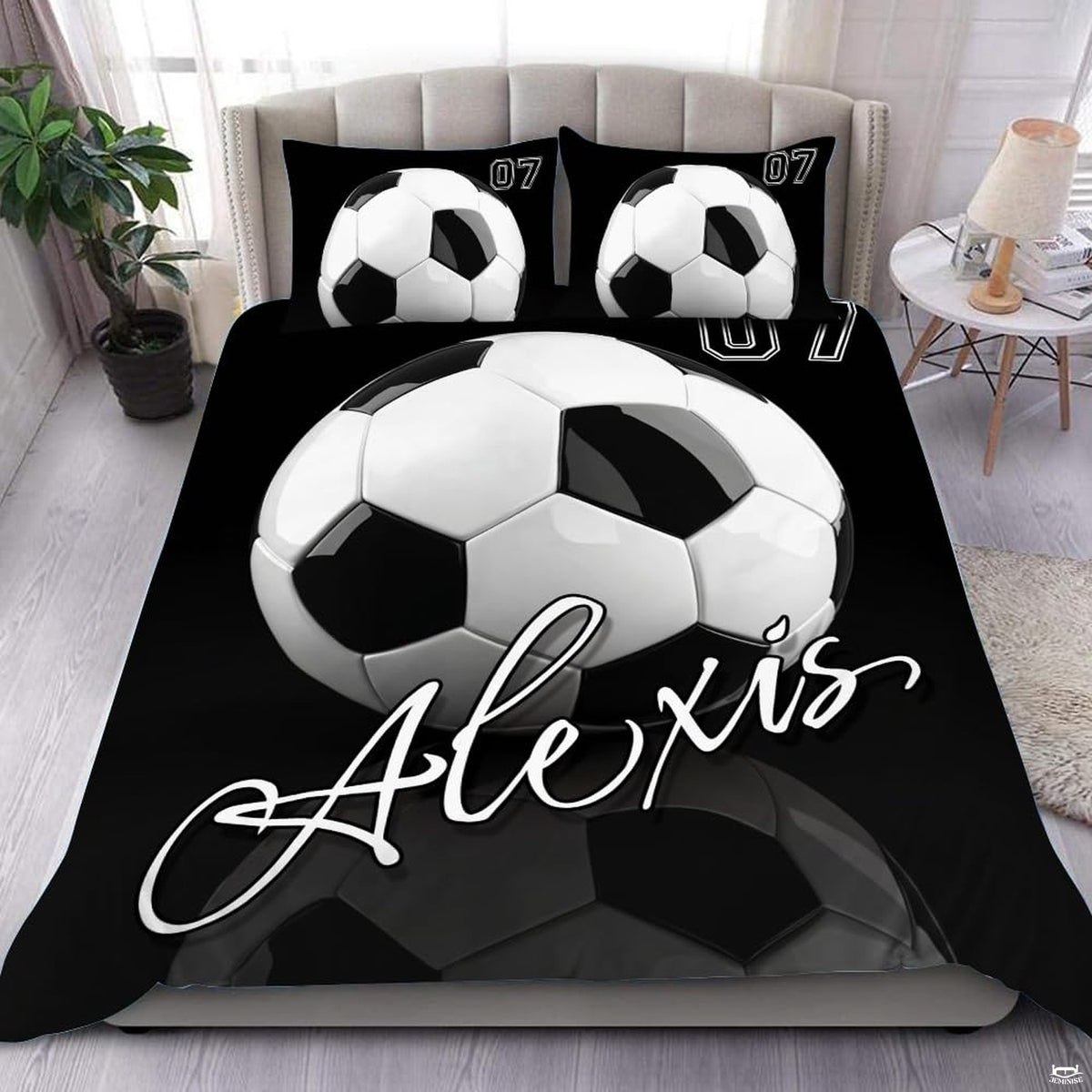 Monochrome black and white football bedding set featuring dynamic gridiron yard lines and athletic football graphics