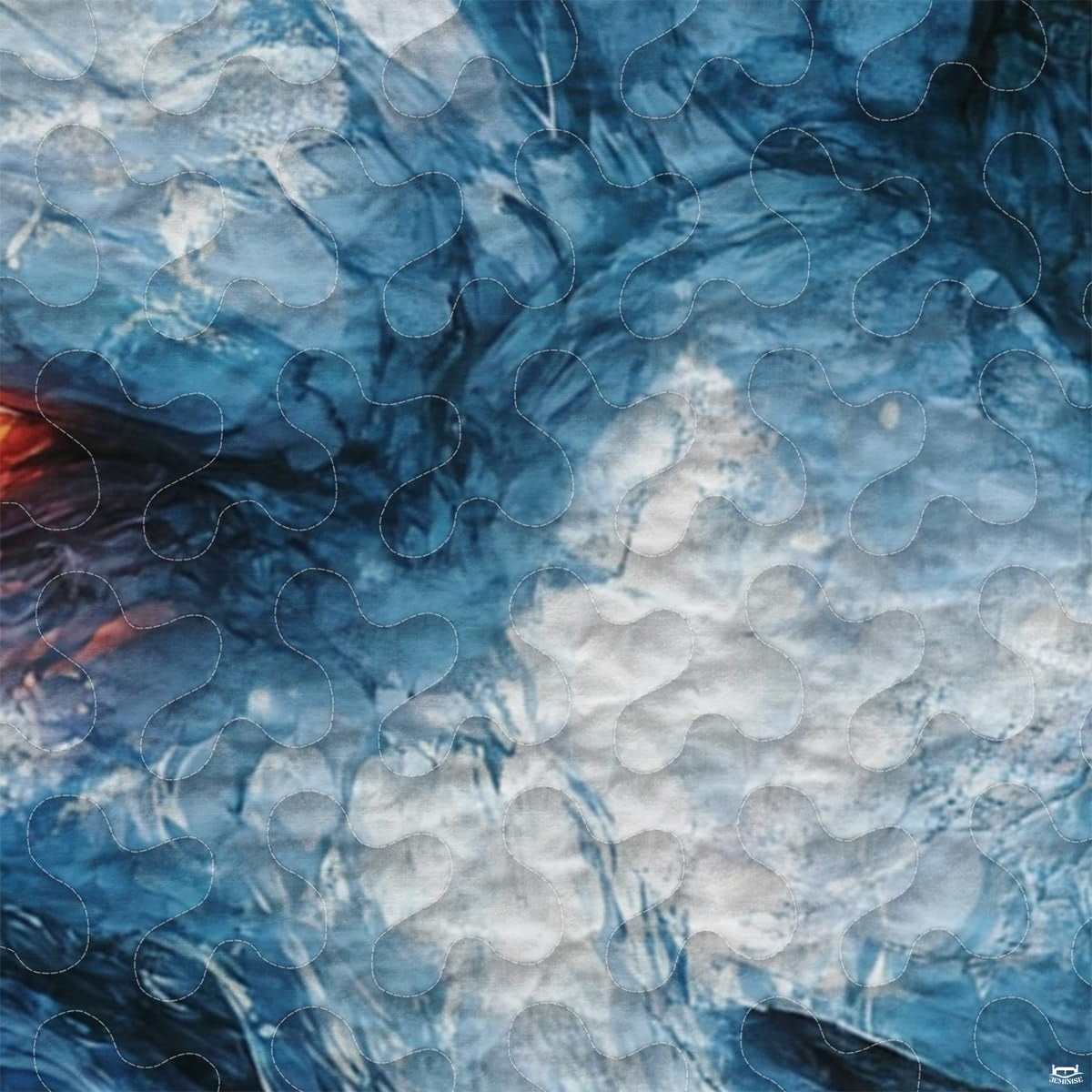 Close-up of cracked blue dragon scales and one glowing orange eye