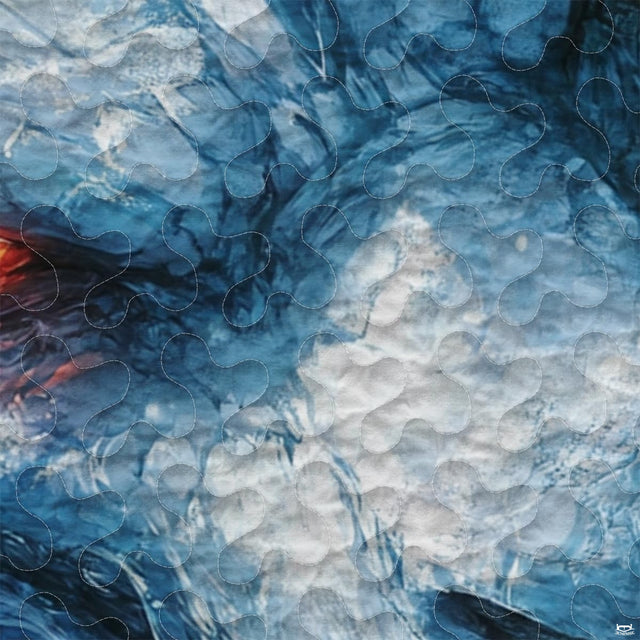 Close-up of cracked blue dragon scales and one glowing orange eye