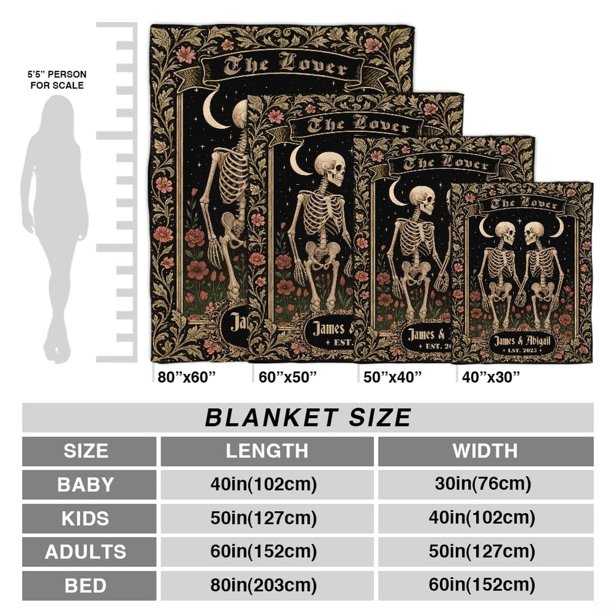 Gothic skeleton couple throw blanket view 4 highlighting red poppies, gold frame, and starry sky