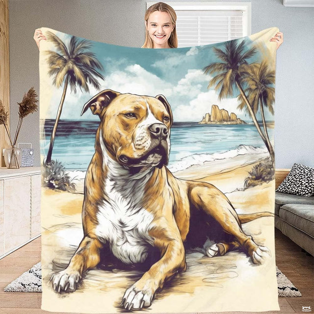Tropical beach pitbull throw blanket featuring fawn dog resting on sand near palm trees and ocean waves