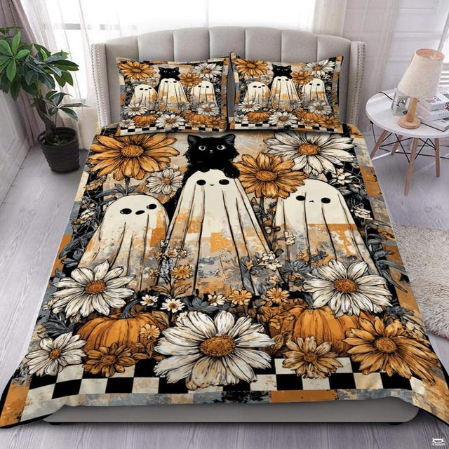Cute ghosts and black cat autumn floral bedding - view 1