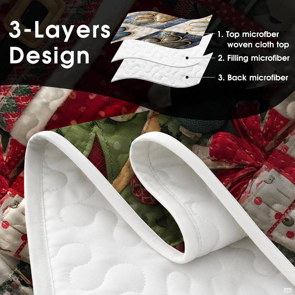 Detailed perspective of the holiday artwork on Santa Claus bedding with rich crimson and forest green patterns.