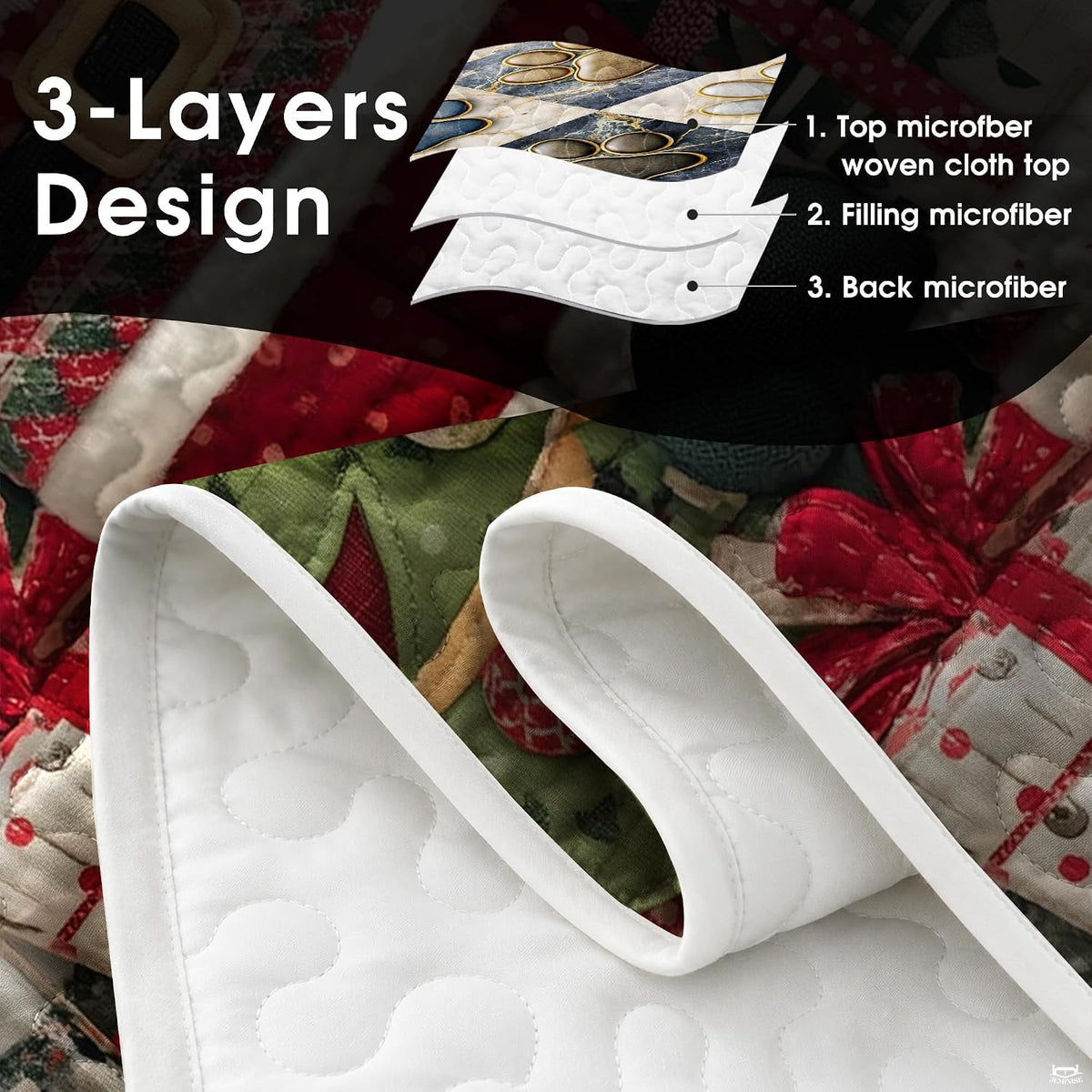 Detailed perspective of the holiday artwork on Santa Claus bedding with rich crimson and forest green patterns.