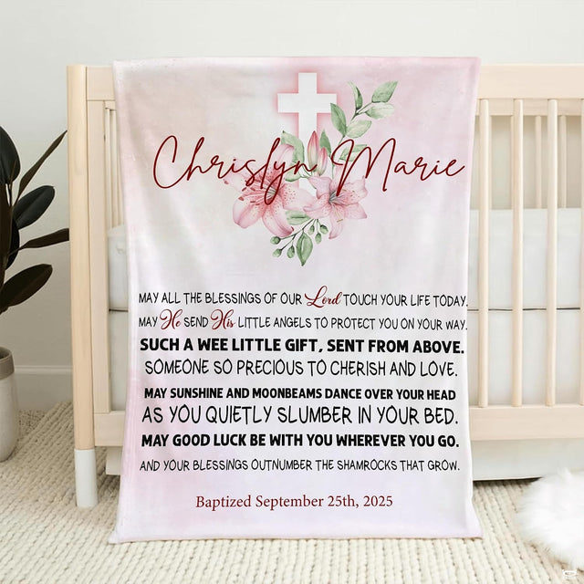 Pink lily cross watercolor throw blanket featuring botanical cross and pink lilies on blush background