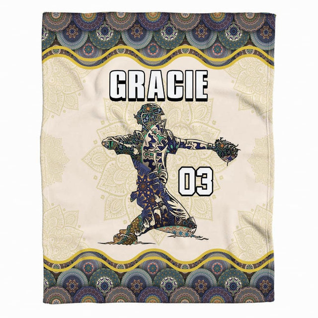 Front full perspective of softball catcher throw blanket showing mandala filled catcher silhouette and borders