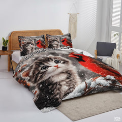 Winter Cat and Cardinal Sitting on Snowy Patchwork Christmas Quilt