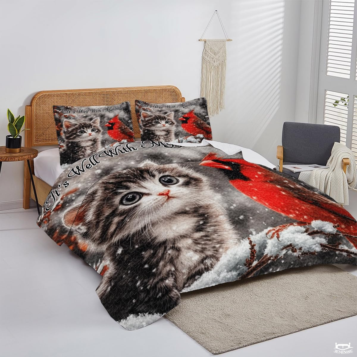 Winter Cat and Cardinal Sitting on Snowy Patchwork Christmas Quilt