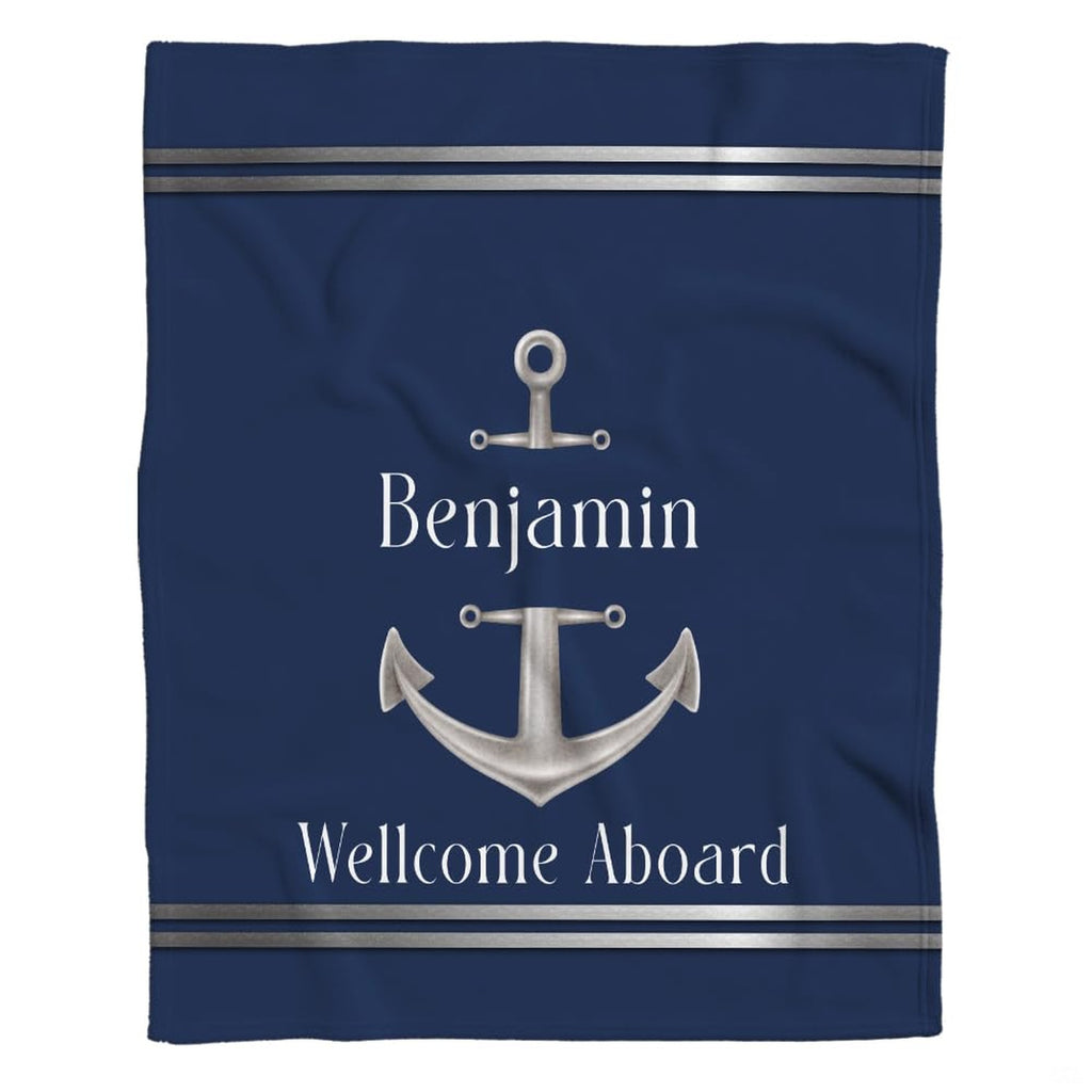 Flat graphic view of the polished silver anchor graphic on deep navy with silver borders.
