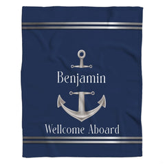 Flat graphic view of the polished silver anchor graphic on deep navy with silver borders.