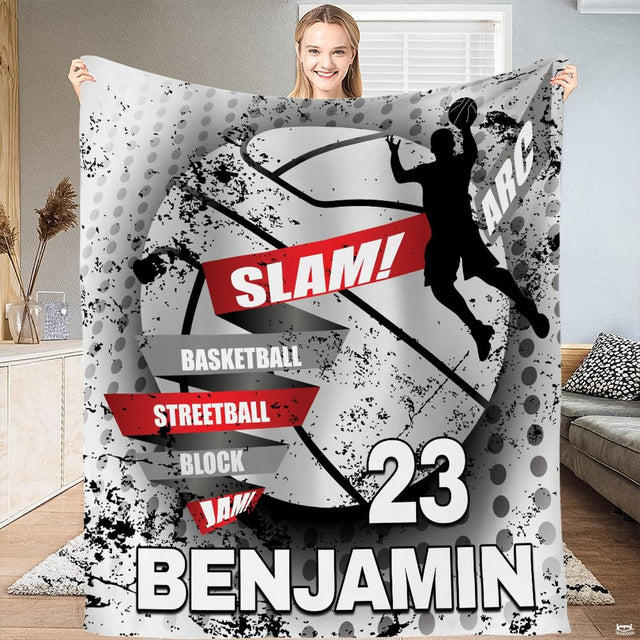 Urban dunk basketball throw blanket view 2 highlighting mid-air player silhouette and grunge graphics
