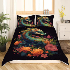 Floral dragon bedding displaying mythical serpentine dragon with jade scales coiled amid blooming roses on black background