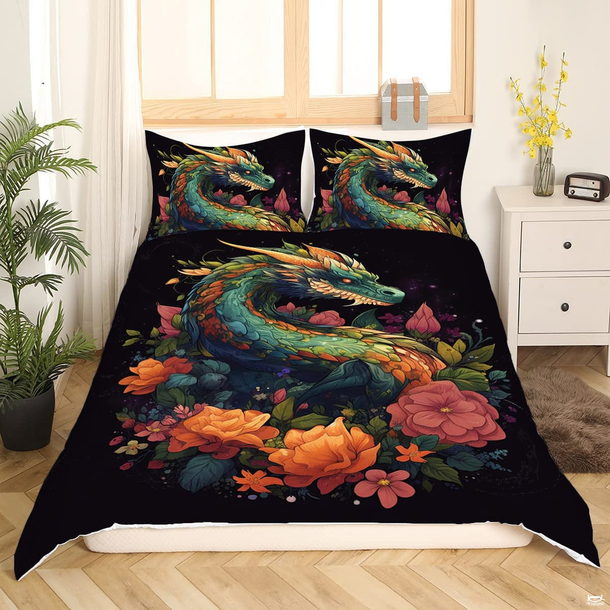 Floral dragon bedding displaying mythical serpentine dragon with jade scales coiled amid blooming roses on black background