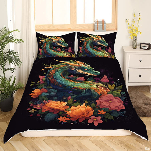 Floral dragon bedding displaying mythical serpentine dragon with jade scales coiled amid blooming roses on black background